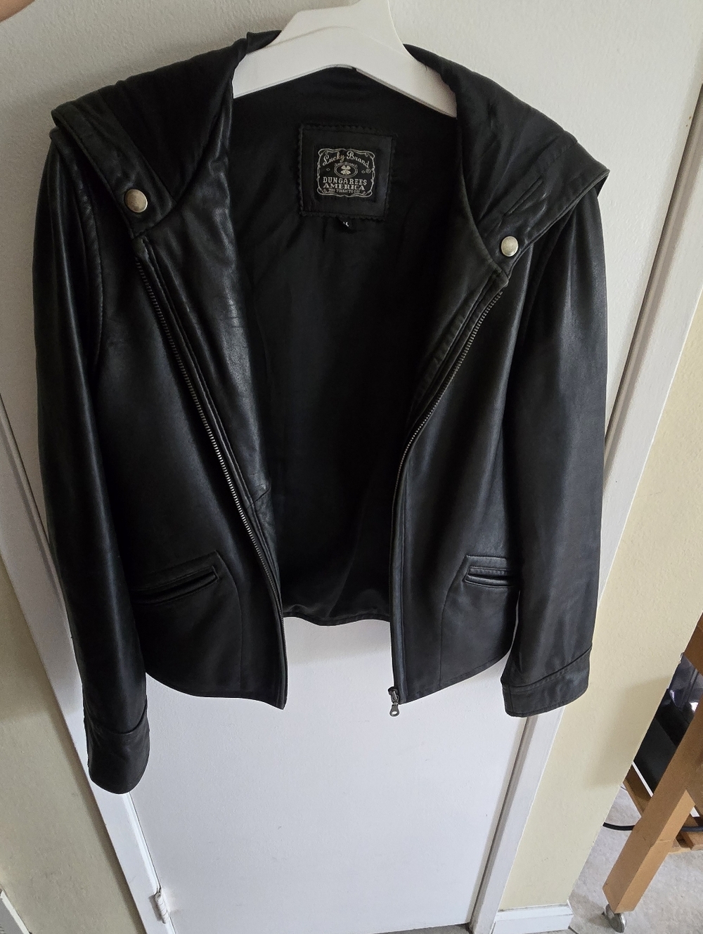 Lucky Brand Black Leather Hooded Jacket